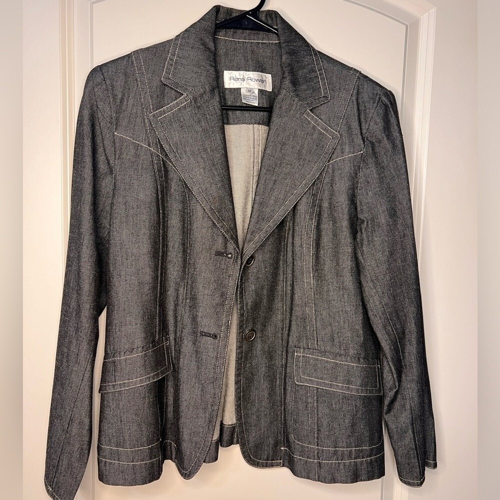 Rena Rowan women 2 button denim Blk contemporary blazer w/ pockets, sz 12 BohO